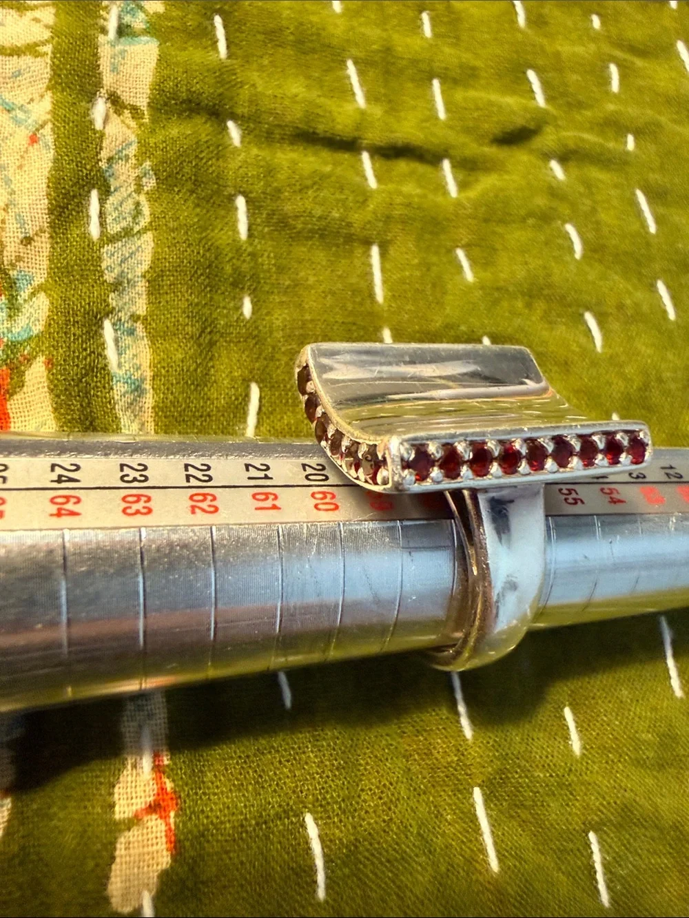 Modern Rectangular Sterling Silver Ring with Garnet Rows On Every Side